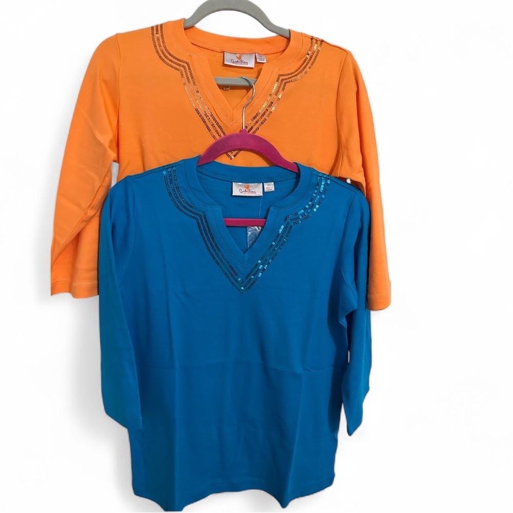 Quacker Factory Set of 2 3/4 Sleeve Tees Sequin Orange and Blue QVC New Sz XS